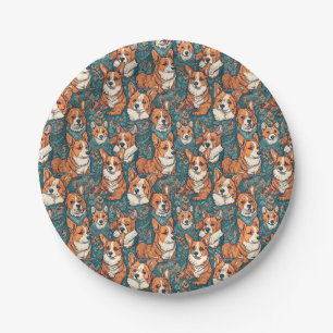 Plato De Papel Colorful Corgi Dog Pattern - Perfect for Dog Love