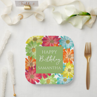 Plato De Papel Colorful Flowers Happy Birthday Party