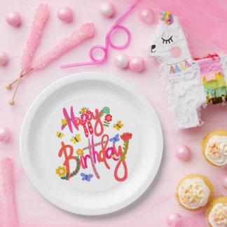 Plato De Papel Colorful Happy Birthday Floral & Butterfly Party