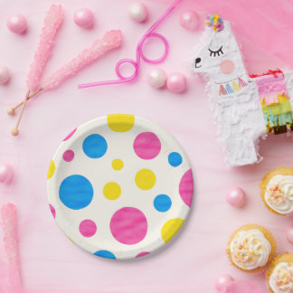 Plato De Papel Colorful Polka Dots Pink Blue Yellow Retro