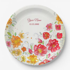 Plato De Papel Colorful Red Yellow Pink Floral Wedding Party