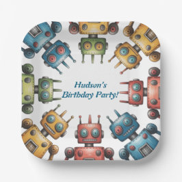 Plato De Papel Colorful Retro Robots Boy Birthday Party