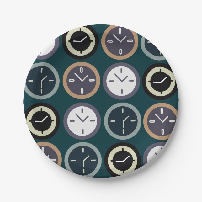 Plato De Papel Colorful Time Clock Pattern Watchmaker Party (Anverso)