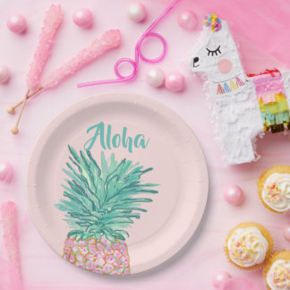 Plato De Papel Colorful Tropical Pineapple Monogram