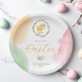 Plato De Papel Colorful Watercolor Easter Chick In Willow Wreath