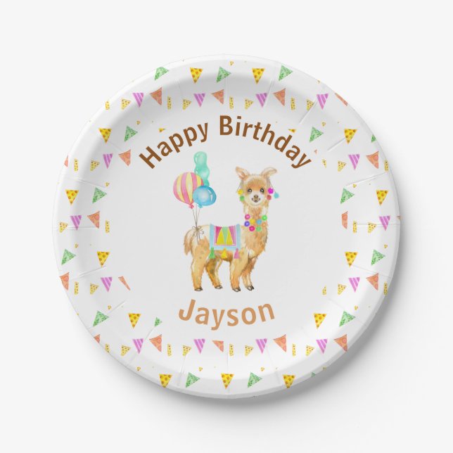 Plato De Papel Colorida acuarela Llama Fun 1er cumpleaños (Anverso)