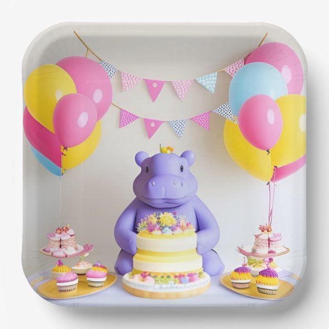 Plato De Papel Colorida celebración con Adorable Hippo (Anverso)