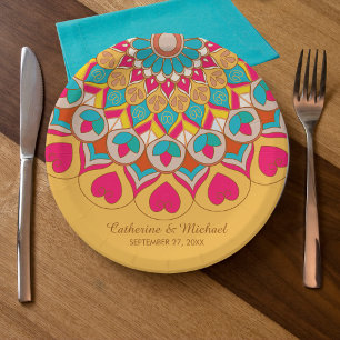 Plato De Papel Colorida etnia mandarala audaz y brillante Boda