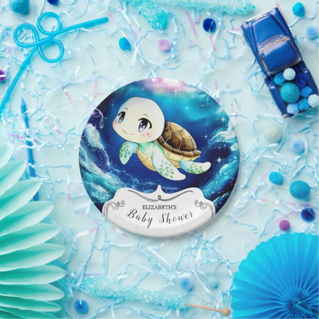 Plato De Papel Colorida Personalizado Sea Turtle Baby Shower (Fiesta)