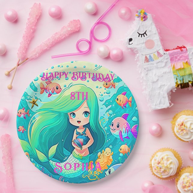 Plato De Papel Colorida Sirena temática feliz cumpleaños Fiesta (Fiesta)