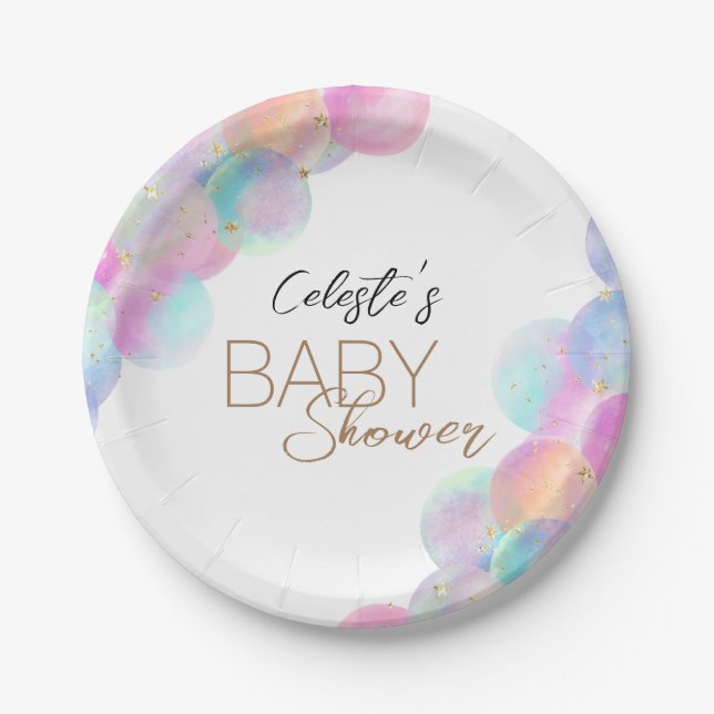 Plato De Papel Coloridas burbujas arcoiris Baby Shower blanco (Anverso)