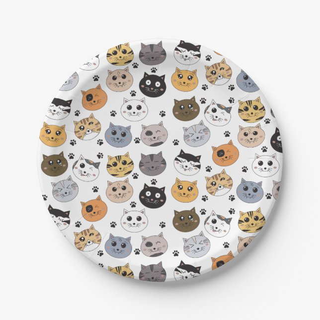 Plato De Papel Colorido Cute Funny Cats & Paw Pattern (Anverso)