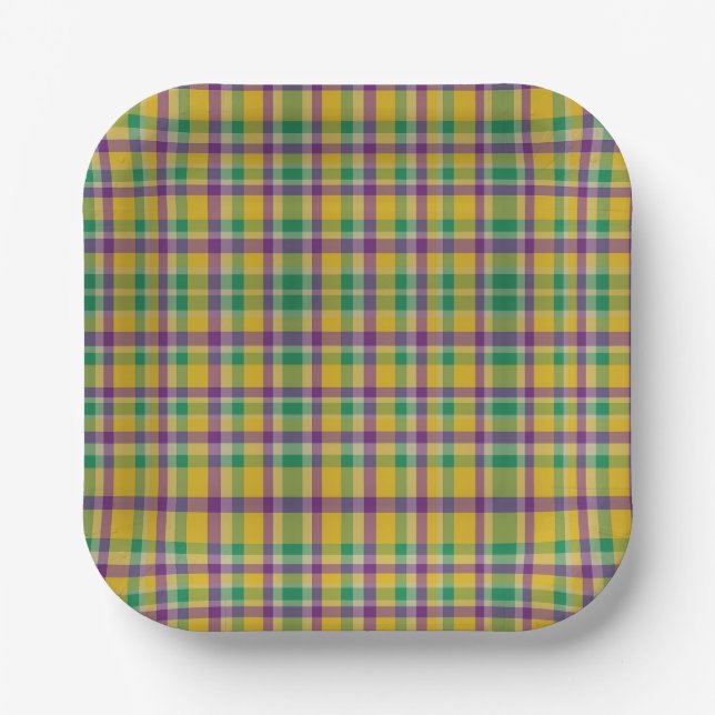 Plato De Papel Colorido Mardi Gras gingham con estampado (Anverso)