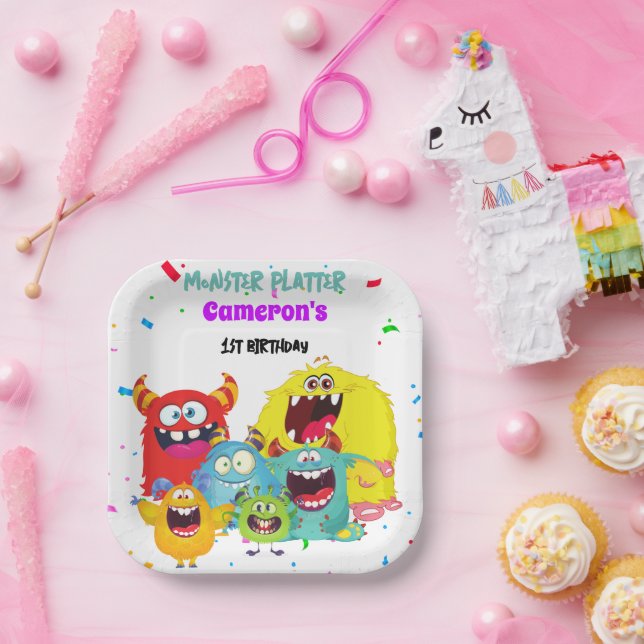 Plato De Papel Colorido Monstruo Divertido Cuadrado de Cumpleaños (Fiesta)