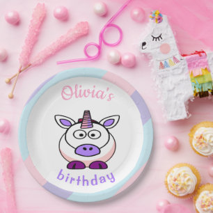 Plato De Papel Colorido pastel de cumpleaños unicornio personaliz