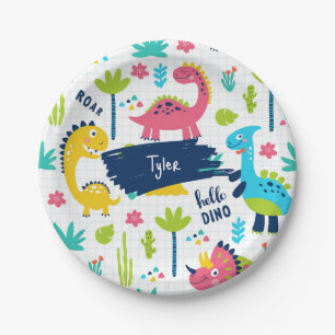 Plato De Papel Colorido patrón de dinosaurios con nombre de niño 