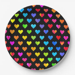 Plato De Papel Colorido patrón de rayas del corazón del arcoiris