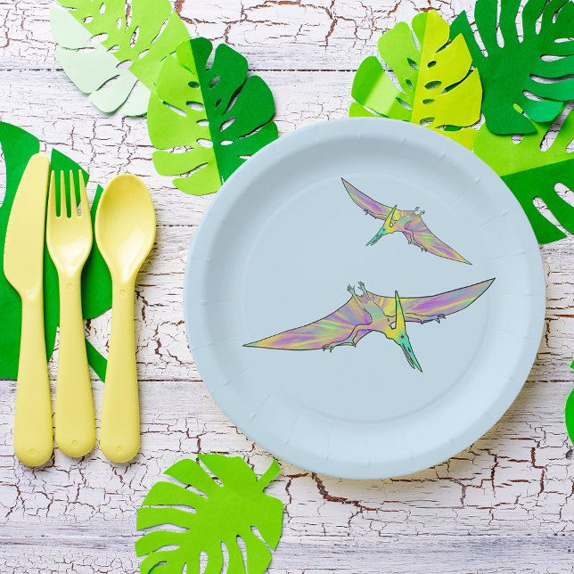 Plato De Papel Colorido Pterodactyl Funny Cute Dinosaur Art (Dinosaurs flying colorful pterodactyl watercolor party paper plates)