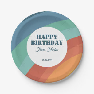 Plato De Papel Colorido Retro Groovy Rainbow Feliz cumpleaños