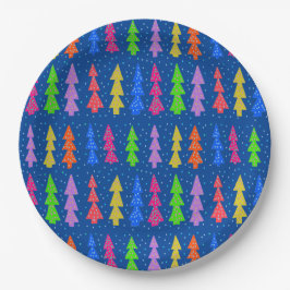 Plato De Papel Coloridos árboles de Navidad en azul