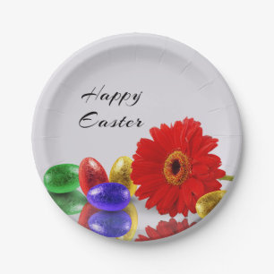 Plato De Papel Coloridos huevos felices de Pascua con Gerbera