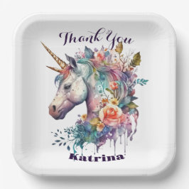 Plato De Papel Colorosa acuarela morada mágica floral unicornio