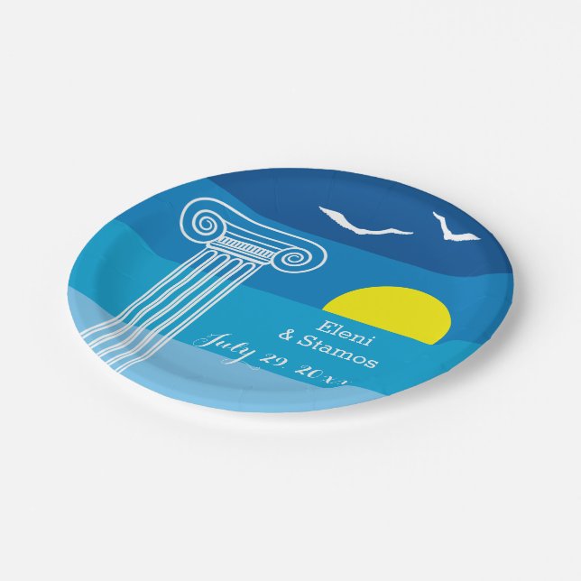 Plato De Papel Columnas griegas y gaviotas en la playa (Angular)