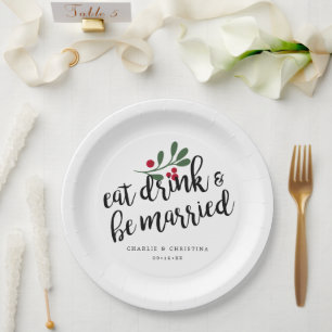 Plato De Papel Coma Beba y Cásese Bayas de Navidad