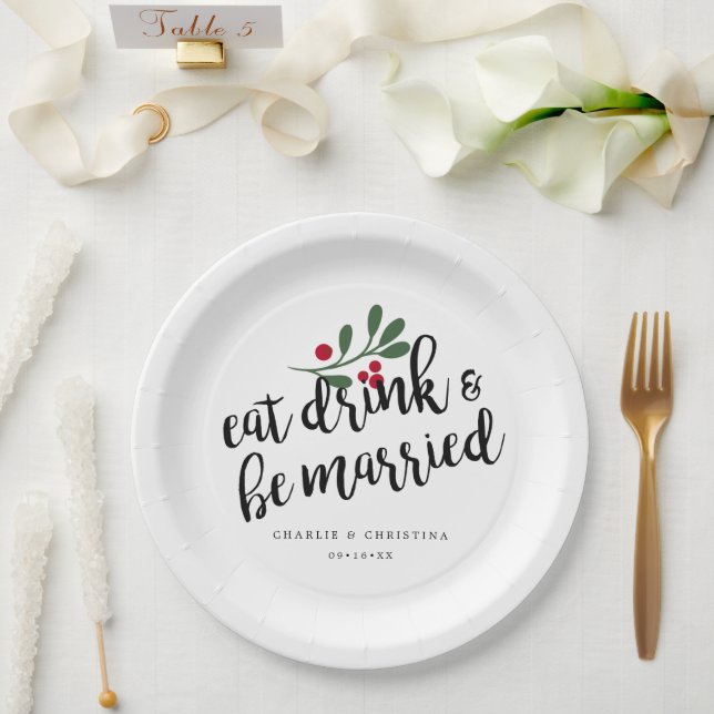 Plato De Papel Coma Beba y Cásese Bayas de Navidad (Boda)