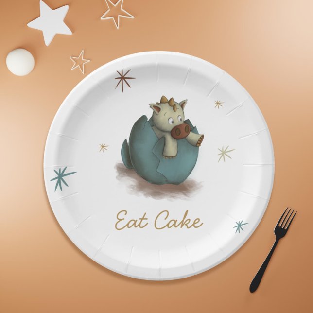 Plato De Papel Coma pastel bebé dinosaurio con Fiesta neutro (Eat Cake Baby Dinosaur Hatching Neutral Party Paper Plates)