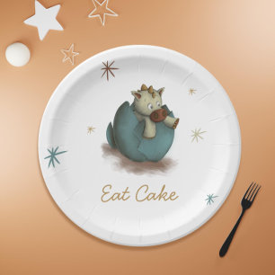 Plato De Papel Coma pastel bebé dinosaurio con Fiesta neutro