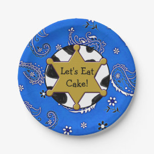 Plato De Papel Comamos el pastel sheriff Badge azul Bandanna Plat