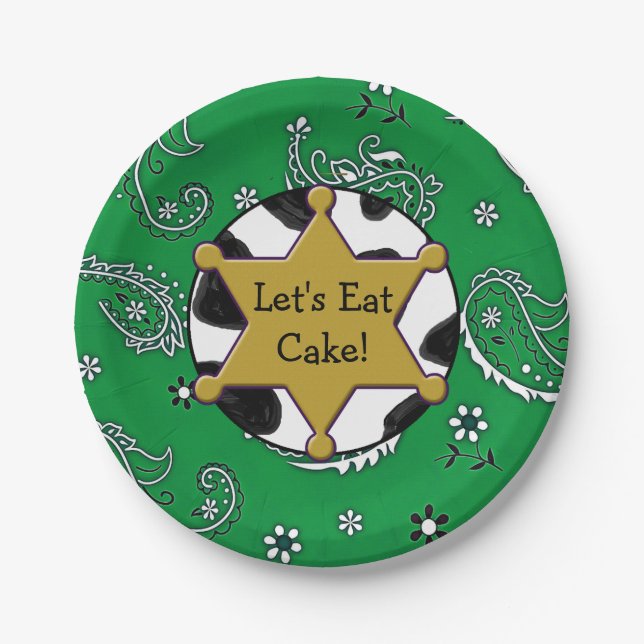 Plato De Papel Comamos Pastel Sheriff Badge Green Bandanna Plates (Anverso)