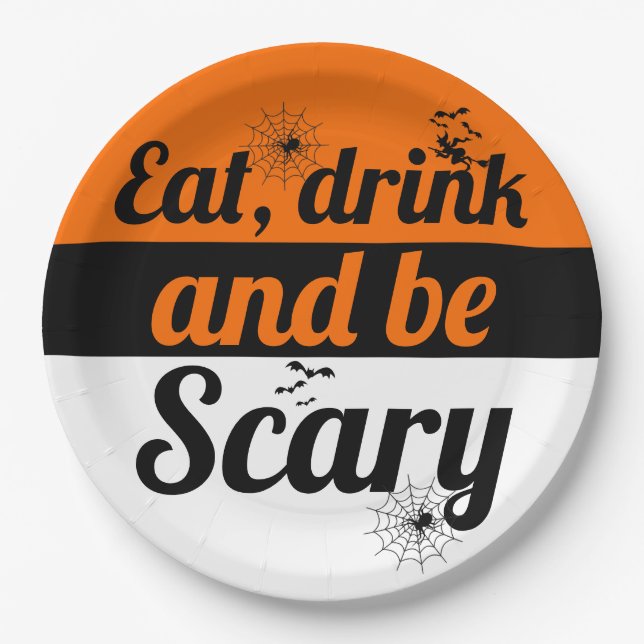 Plato De Papel Comer, beber y ser naranja temible Halloween (Anverso)