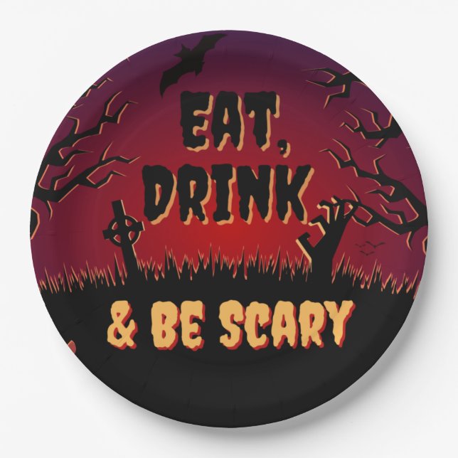 Plato De Papel Comer, beber y tener miedo Halloween (Anverso)