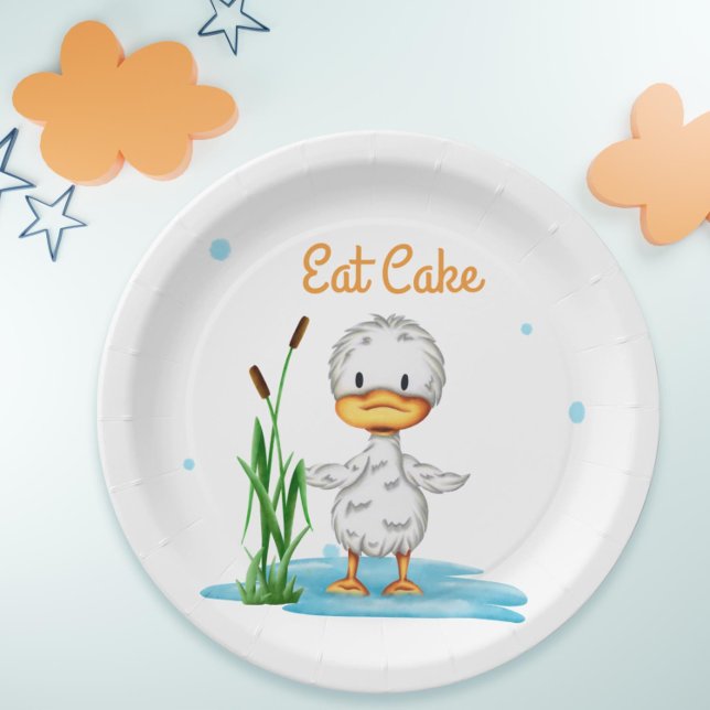 Plato De Papel Comer pastel de un pequeño duchón neutro para bebé (Simple duck party paper plate for baby showers or birthdays)