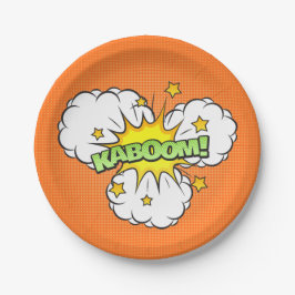 Plato De Papel Comic Book KABOOM! en un fondo naranja