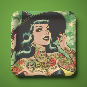 Plato De Papel Cómic de brujas retro tatuado