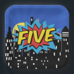 Plato De Papel Cómic de superhéroes 5.ª fiesta de cumpleaños<br><div class="desc">¡Celebra el 5° cumpleaños de tu pequeño superhéroe con estilo con estas dinámicas Placas de Fiesta de 5 Años del Cómic de Superhéroes! Estos platos vibrantes y divertidos presentan gráficos audaces al estilo de un libro de historietas, perfectos para añadir un toque de emoción a su decoración fiesta. Ya sea...</div>