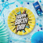 Plato De Papel Comic Retro Happy Birthday!<br><div class="desc">A dynamic,  comic-book-inspired "Happy Birthday" greeting. The design features bold,  slanted white typography with heavy black outlines,  bursting out from a central action star. The background utilizes a vibrant yellow sunburst (ben-day dots effect) with sharp,  geometric shards in teal and coral red to emphasize movement.</div>