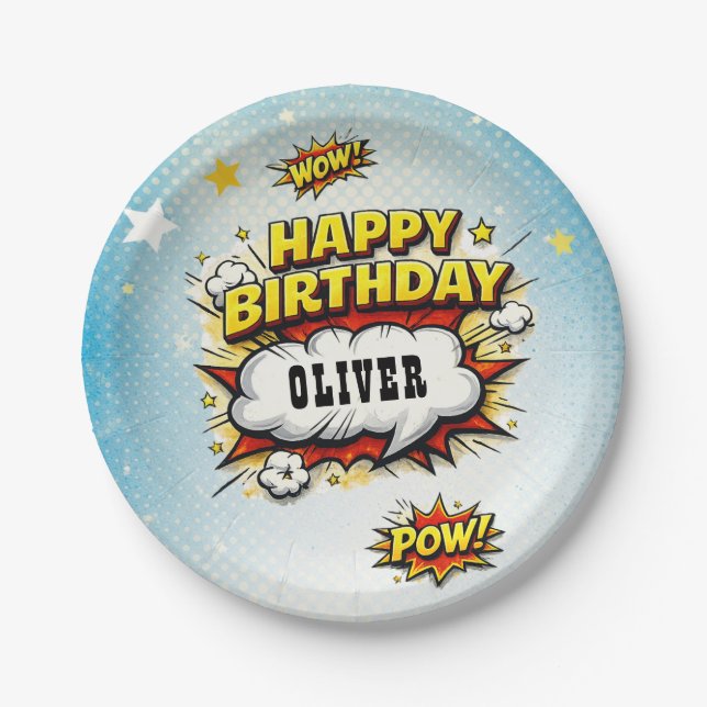 Plato De Papel Comic Style Superhero Boy's Name Birthday Party  (Anverso)