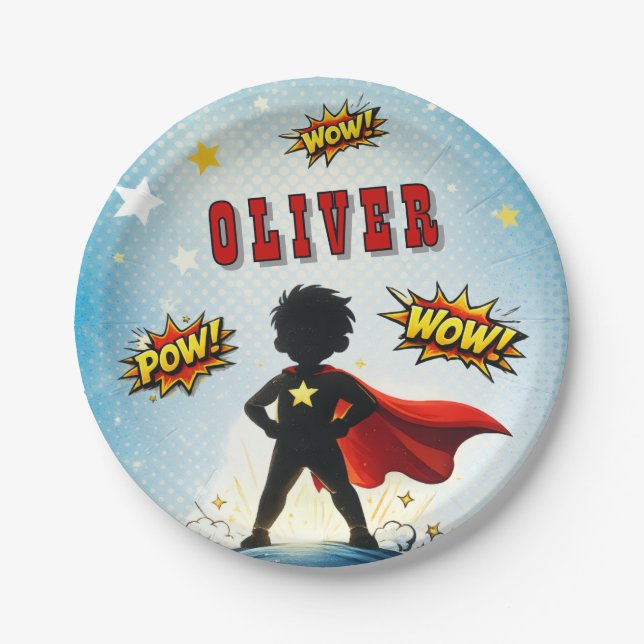 Plato De Papel Comic Style Superhero Boy's Name Birthday Party (Anverso)