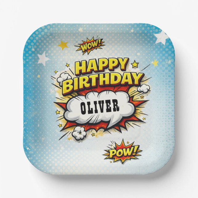 Plato De Papel Comic Style Superhero Boy's Name Birthday Party  (Anverso)