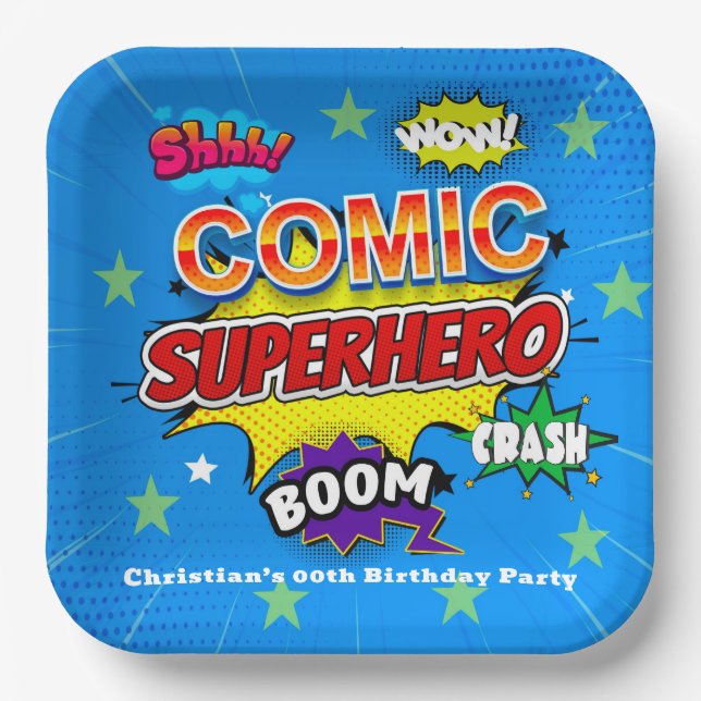 Plato De Papel Cómico Superhéroe Strip 00th Birthday Party (Anverso)