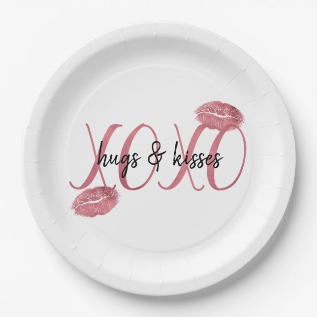 Plato De Papel comillas personalizadas XOXO Kisses Lips rosados (Anverso)