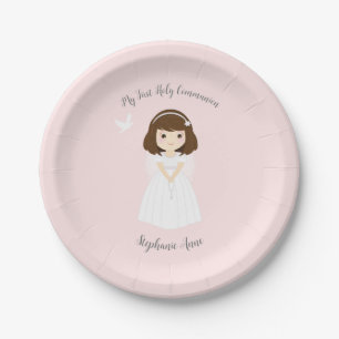 Plato De Papel Communion Dove Brunette Chica