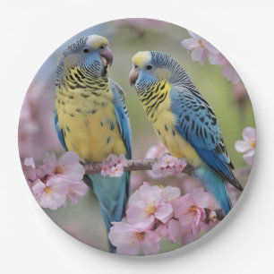 Plato De Papel "Compañeros vibrantes: Budgies azules y amarillos"