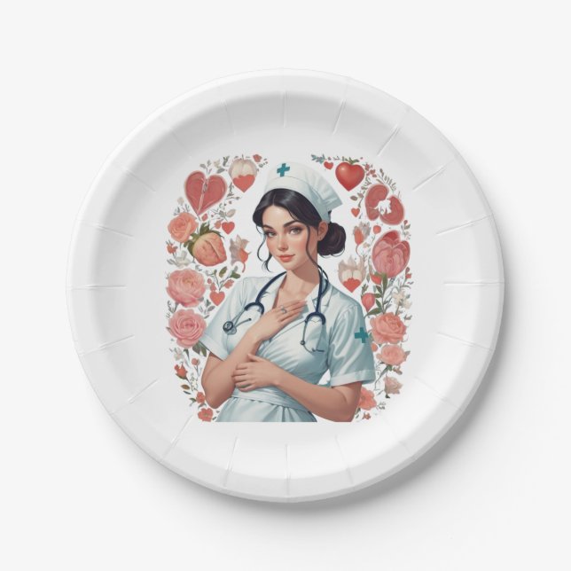 Plato De Papel Compassionate Nurse – Elegant Floral Art Illustrat (Anverso)