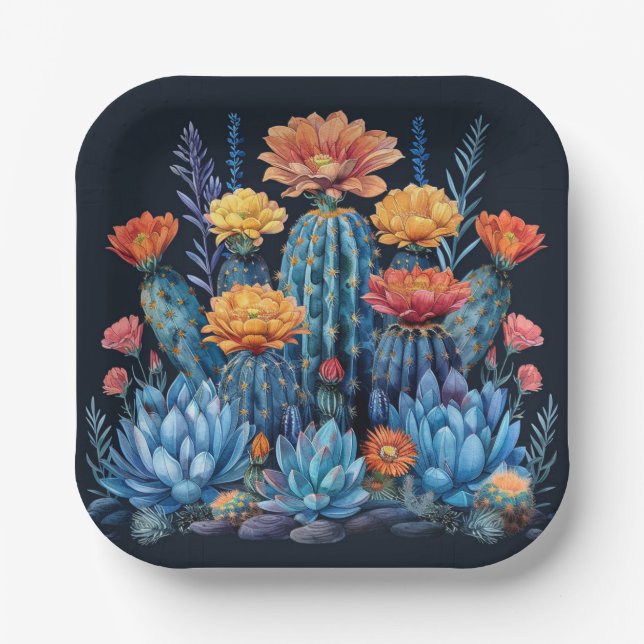 Plato De Papel Composición de cactus floridos, suculentos (Anverso)