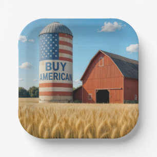 Plato De Papel COMPRAR texto norteamericano con bandera en un Sil